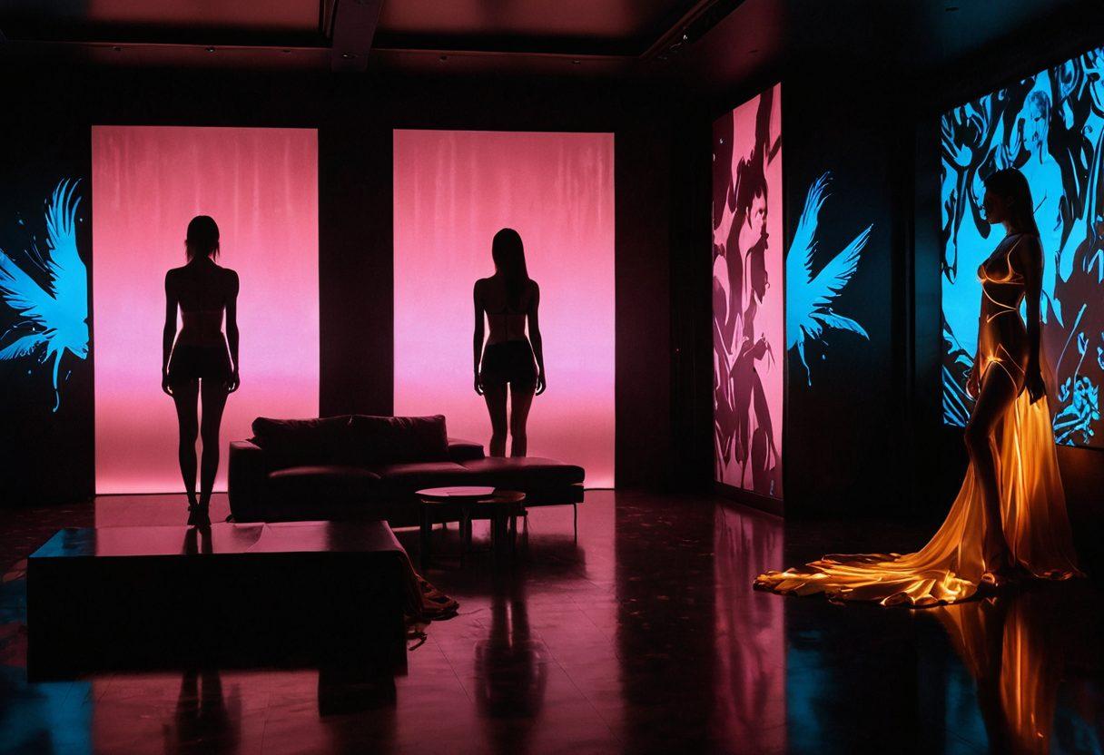 A captivating split-image composition showcasing the transformation of the adult industry. On one side, a dark, neon-lit representation of pornography with shadowy figures and digital screens; on the other, a warm, inviting scene of sensuality with soft lighting, elegant silhouettes, and flowing fabrics. The contrast emphasizes the journey from explicit to intimate. Ethereal elements like subtle hearts and feathery textures enhance the feeling. vibrant colors. super-realistic.