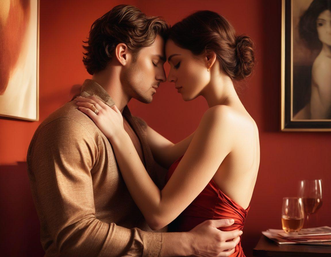 A sultry, intimate scene depicting a couple sharing a tender moment, surrounded by artistic representations of sexuality and intimacy, like soft silhouettes and abstract forms. The background should evoke a sense of modernity with hints of adult media elements such as stylish magazines and sophisticated decor. Warm, inviting colors that convey passion and connection should dominate the palette. super-realistic. vibrant colors. intimate atmosphere.